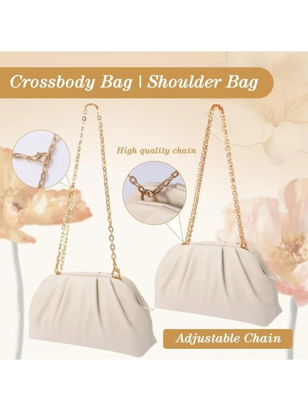 Women's Beige Gold Soft Pleated Pu Clutch Purse Elegant Evening Wedding Bag